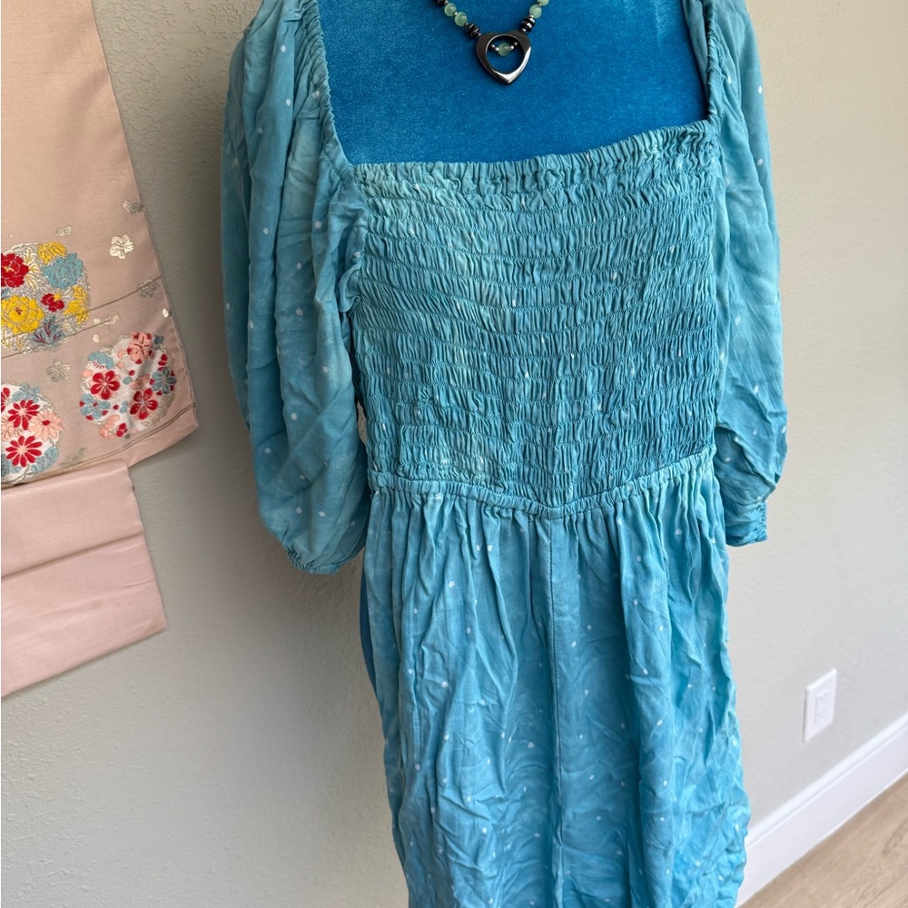 Blue Smocked Romper with Puff Sleeves